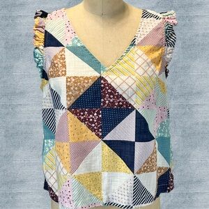Patchwork‎ ruffle sleeveless top blouse mix multicolor floral quilt print cotton